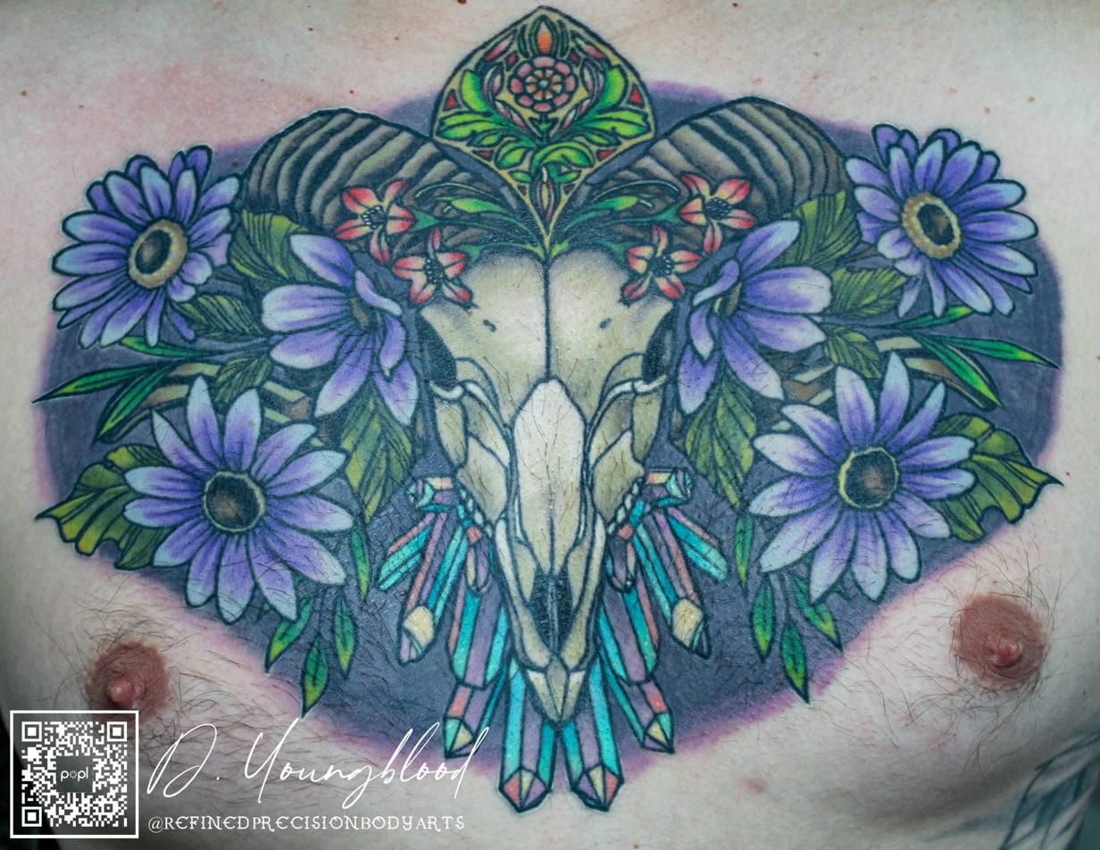 Ram skull, crystals and flowers